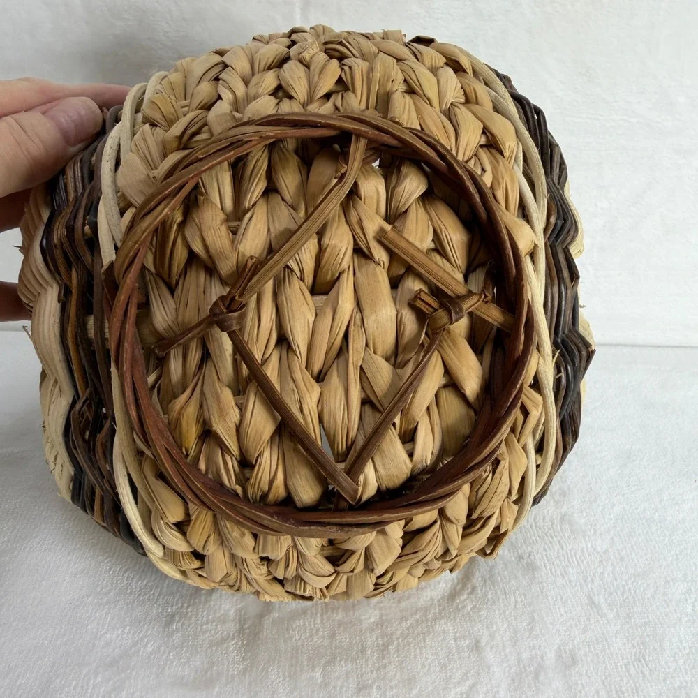 Handmade Tricolor Woven‎ Wicker Basket with Handle Rustic Brown Tan Decor